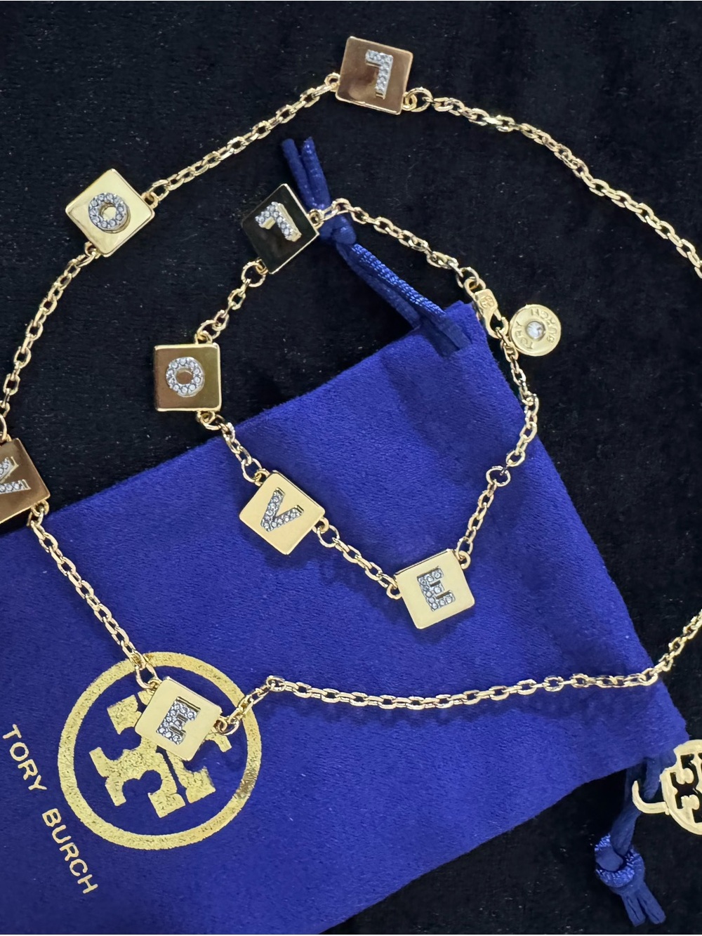 Tory Burch Gold 'LOVE' Link Necklace & bracelet set - Gold Square Letter Charms